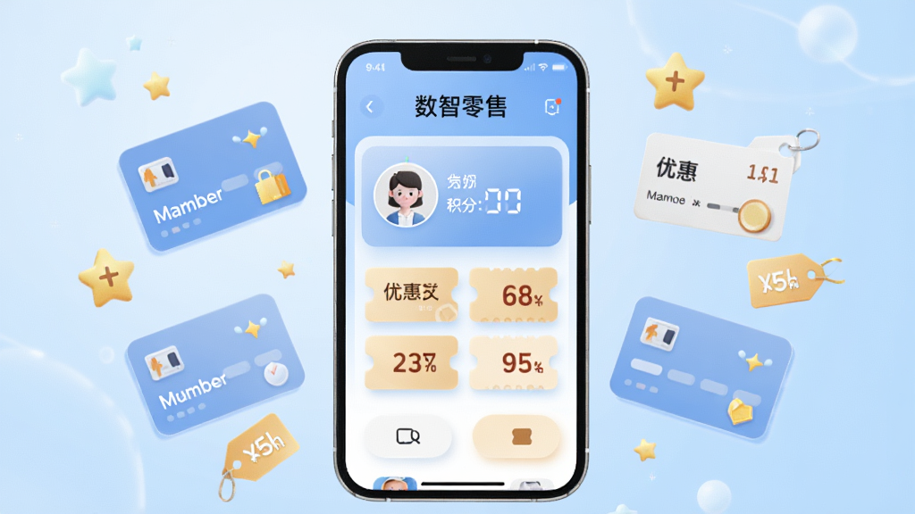 画面中展示“数智零售”会员管理界面,手机屏幕上有会员头像、积分数字、优惠券图标,周围漂浮会员卡、积分星星、折扣标签等元素,整体采用清新浅蓝色调,圆角卡片风格,布局整齐,细节精致,画质高清,无多余元素