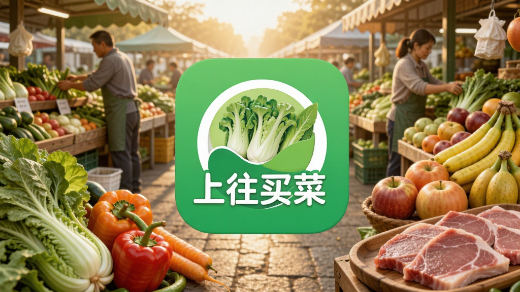 画面中央是“上往买菜”APP图标,周围环绕着新鲜蔬菜、水果、肉类的写实图片,背景是清晨的菜市场场景,有摊主正在整理货架,风格写实温暖,色彩丰富自然,细节清晰,画质高清,无多余元素