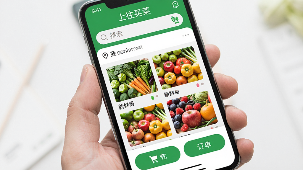 手机屏幕中展示着“上往买菜”APP的首页界面,上方是搜索框和定位地址,中间是新鲜的蔬菜水果图片网格,下方有购物车和订单按钮,画面明亮干净,采用扁平化UI设计风格,色彩以绿色和白色为主,细节清晰,画质高清,无多余元素