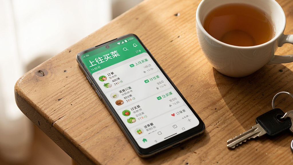 一部安卓手机放在木质桌面上,屏幕显示“上往买菜”APP的订单列表页面,旁边有一杯茶和一把钥匙,光线柔和,生活气息浓厚,画质清晰,无多余元素