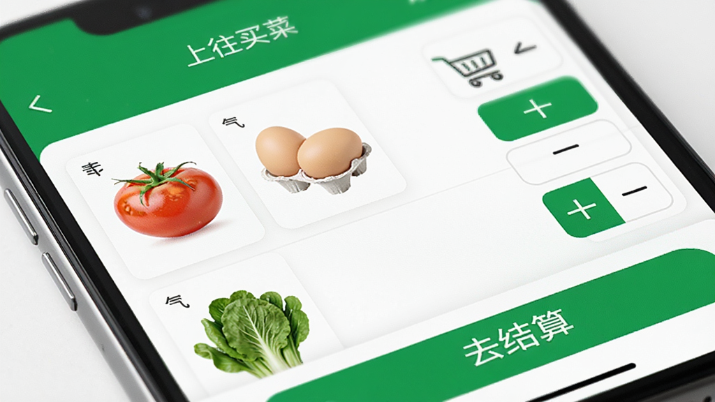 手机界面特写,显示“上往买菜”APP的购物车页面,列表中有西红柿、鸡蛋、青菜等商品,右侧有加减数量按钮,底部显示合计金额和去结算按钮,界面简洁,绿色主题色,画质清晰,无多余元素