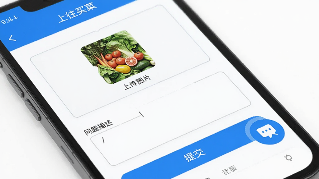 手机界面显示“上往买菜”APP的售后申请页面,有上传图片的方框、问题描述输入框和提交按钮,旁边有客服对话框图标,风格简洁专业,色彩以蓝色和白色为主,画质清晰,无多余元素