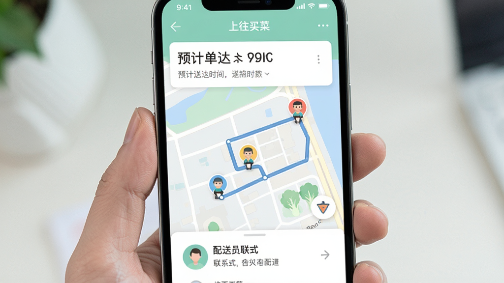 手机屏幕展示“上往买菜”APP的订单追踪地图界面,地图上有配送员小图标和路线轨迹,上方显示预计送达时间,下方有配送员联系方式,界面风格现代简洁,色彩柔和,画质高清,无多余元素
