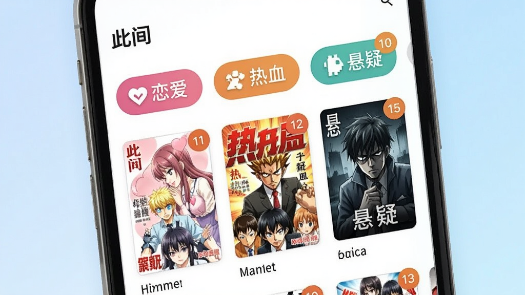 一幅展示“此间”应用内漫画分类页面的场景图,画面主体是手机屏幕,屏幕上排列着多个彩色分类标签如“恋爱”“热血”“悬疑”,每个标签下方有对应的漫画封面缩略图,背景是淡蓝色的渐变,风格简洁现代,细节包括分类图标和数量角标,画质清晰,干净无多余元素。