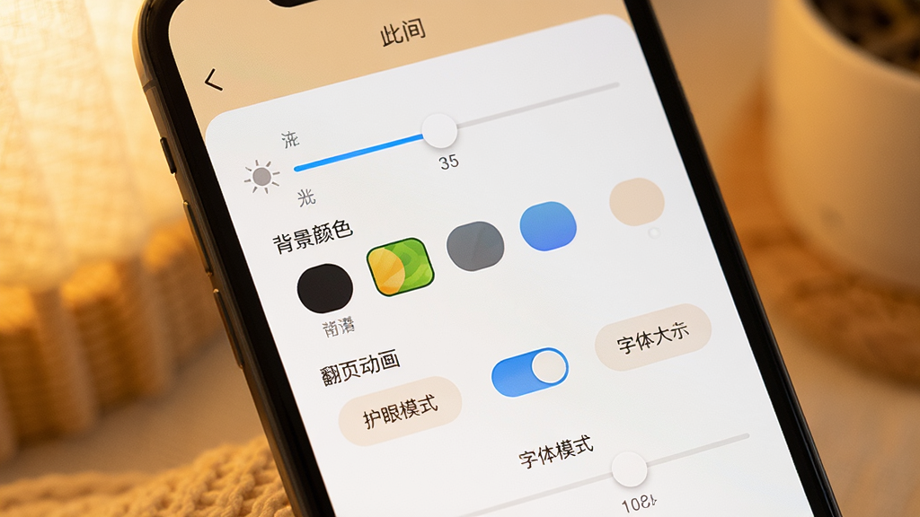 一幅展示“此间”应用阅读设置界面的特写图,画面中心是手机屏幕,屏幕上显示着亮度调节滑块、背景颜色选项和翻页动画选择,背景是柔和的暖色调,风格温馨舒适,细节包括护眼模式开关和字体大小调节按钮,画质清晰,干净无多余元素。