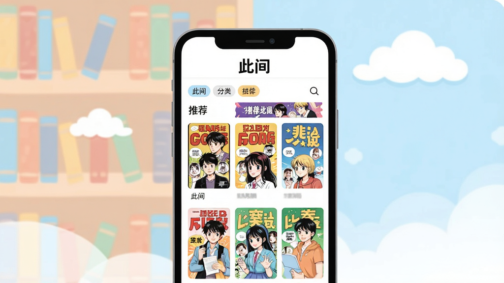一幅展示手机漫画阅读应用“此间”主界面的插画,画面中央是一部竖屏智能手机,屏幕上显示着色彩鲜艳的漫画封面网格,顶部有“此间”字样,背景是柔和的书架与云朵元素,整体风格清新明亮,采用扁平化设计,细节包括漫画分类标签、搜索图标和推荐横幅,画质清晰,干净无多余元素。