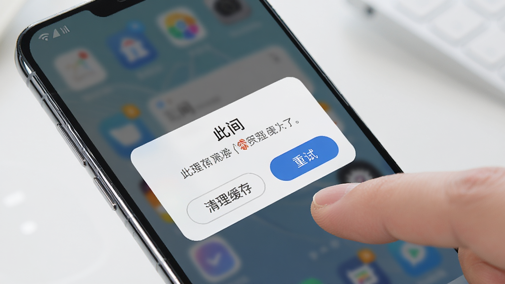 一部智能手机屏幕上显示“此间”应用的错误提示弹窗,旁边有清理缓存和重试按钮,背景是简洁的桌面环境,风格写实,细节包括手指点击屏幕的动作和手机边框的反光,画质清晰,干净无多余元素。