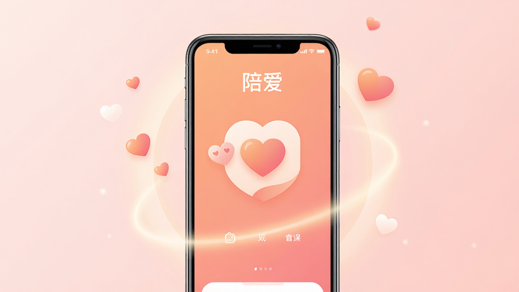 一张温馨的手机应用界面展示图,画面中央是一部智能手机,屏幕上显示着「陪爱」软件的首页界面,界面中有心形图标和温暖的橙粉色调,手机周围环绕着柔和的光晕和漂浮的爱心元素,背景是淡粉色的渐变,整体风格温馨简洁,画质清晰,干净无多余元素