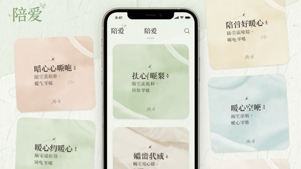 一张手机文案推荐界面的图片,画面中「陪爱」软件展示着多条暖心句子卡片,每张卡片配有柔和背景色和精美排版,界面采用淡雅的绿色调,背景有轻微的纸张纹理,风格文艺清新,画质清晰,无多余元素