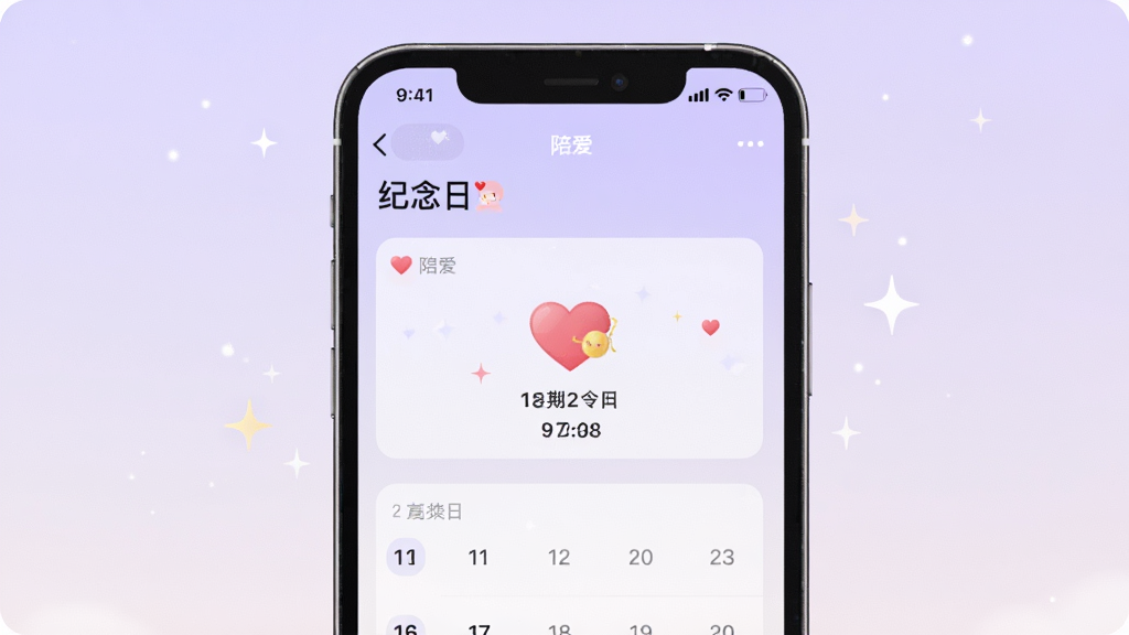一张手机日历提醒界面的图片,画面中「陪爱」软件的纪念日提醒页面显示着心形标记和日期标注,界面采用柔和的浅紫色调,周围有轻微的星光点缀,背景简洁干净,风格温馨浪漫,画质清晰,无多余元素