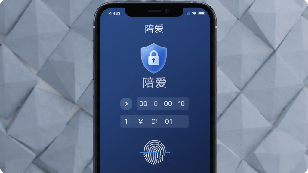 一张手机安全锁界面的图片,画面中「陪爱」软件显示着密码输入界面和指纹识别图标,界面采用深蓝色调,配有盾牌和锁形图标,背景是简洁的几何纹理,风格安全稳重,画质清晰,干净无多余元素