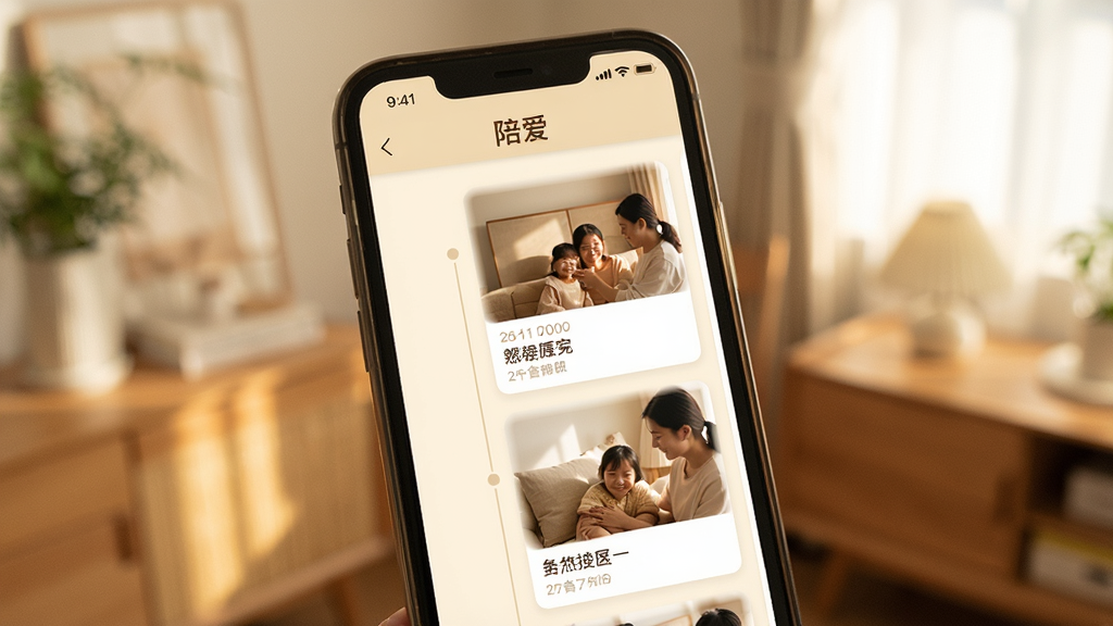 一张手机屏幕展示情感记录时间线的图片,画面中手机屏幕显示着「陪爱」软件的时间线页面,页面上排列着多张温馨的照片卡片,每张卡片配有简短的文字描述,界面采用温暖的米黄色调,背景是柔和的室内光线,风格清新自然,画质细腻,干净无多余元素
