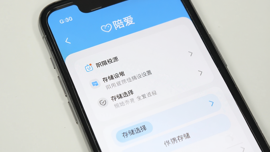 一张手机应用安装设置界面的图片,画面中「陪爱」软件显示着权限设置页面和存储选择选项,界面采用简洁的白色和浅蓝色调,有清晰的图标和文字说明,背景干净整洁,风格实用清晰,画质细腻,无多余元素