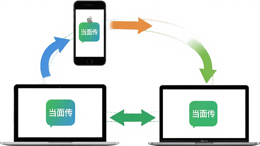 画面中展示四种设备围成一圈:安卓手机、苹果手机、Windows笔记本、MacBook。每台设备屏幕上都显示着「当面传」的Logo,它们之间用彩色的箭头相互连接,形成一个闭环。背景是纯白色,风格为极简矢量插画,色彩鲜艳活泼,细节清晰,画质干净,无多余装饰