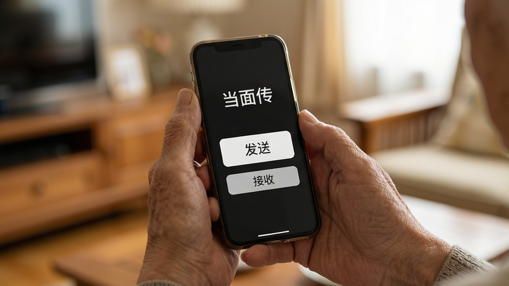 画面特写一双老年人的手拿着一部手机,手机屏幕上显示着「当面传」极其简洁的界面,只有一个大大的「发送」按钮和一个「接收」按钮。背景是温馨的家居环境虚化,风格为写实摄影,光线柔和,细节展现手指的皮肤纹理和屏幕的清晰度,画质干净,无多余元素