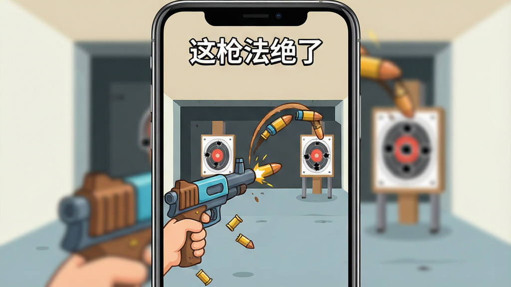 一张手机屏幕展示休闲射击游戏界面,画面中央是一把卡通风格的枪械正在发射子弹,子弹轨迹夸张弯曲,背景是简洁的室内靶场,布局为竖屏手游比例,排版上软件名称“这枪法绝了”放在画面顶部居中位置,风格为扁平化趣味插画,细节包括弹壳抛落和靶子上的弹孔,画质清晰明亮,干净,无多余元素