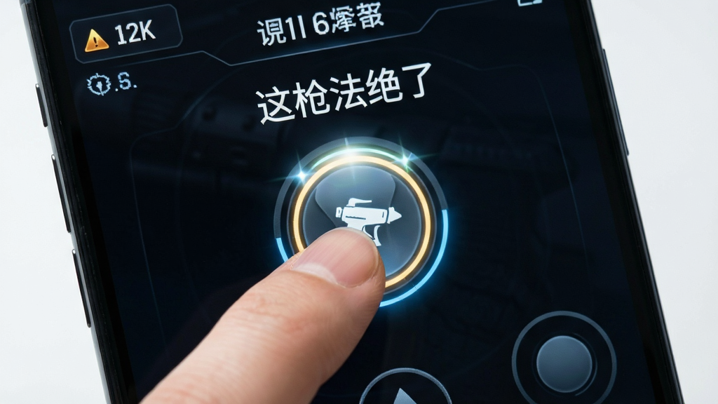 一张展示手机游戏操作界面的图片,主体是一根手指正在点击屏幕上的射击按钮,布局为特写视角,排版上手指位于画面下方三分之一处,风格为简洁科技感UI展示,细节包括按钮的高光反馈和屏幕边缘的分数显示,画面中带有文字“这枪法绝了”,画质清晰,干净,无多余元素