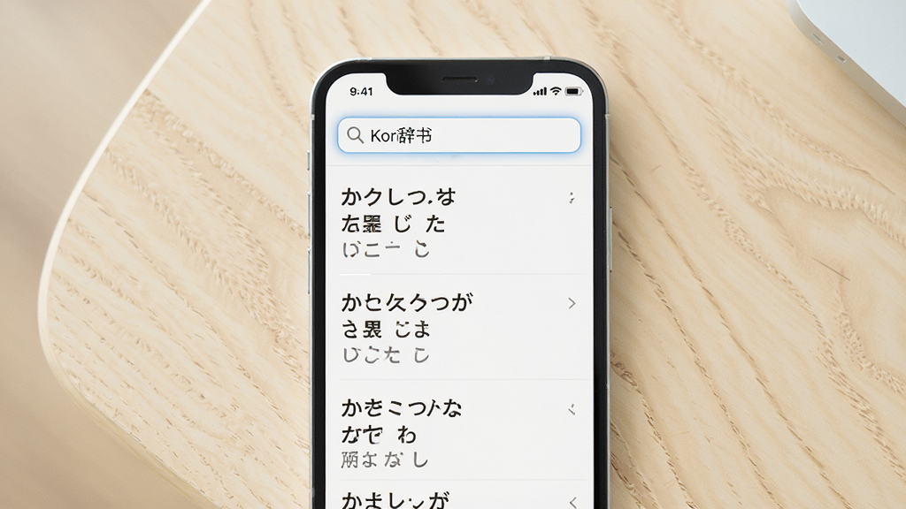 一张展示Kori辞书手机应用主界面的预览图,画面中央是手机屏幕,屏幕内显示日语词典查询界面,搜索框内写有“Kori辞书”字样,下方列出日语词汇条目与假名注释,背景为干净浅色桌面,整体风格清爽简洁,排版居中,画质清晰,无多余元素