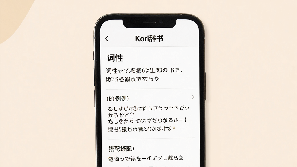 一张展示Kori辞书例句与搭配功能的预览图,画面中手机屏幕显示一个日语单词的详细页面,包含词性、释义、例句列表和搭配短语,页面顶部有“Kori辞书”标识,背景为柔和浅色,排版层次分明,风格清爽,画质精细,无多余元素