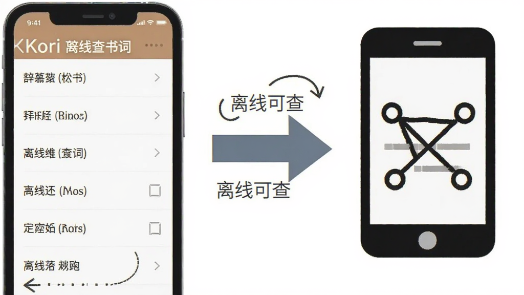 一张表现Kori辞书离线查词功能的示意图,画面左侧为手机界面展示词汇列表,右侧用简洁图标表示无网络状态,中间用箭头连接表示离线可查,整体布局左右分区,风格扁平化,细节清晰,画质干净,无多余装饰