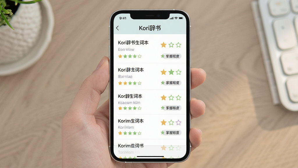 一张展示Kori辞书生词本功能的界面图,画面中手机屏幕内显示生词列表,每个词条旁有星标和掌握程度标记,顶部有“Kori辞书”字样,整体布局为垂直列表,风格简洁清新,配色柔和,画质干净,无冗余装饰
