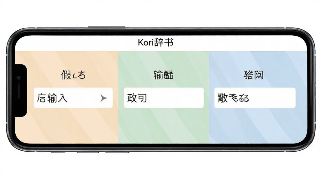 一张展示Kori辞书多种检索方式的界面图,画面中手机屏幕内并排显示假名输入框、汉字输入框和罗马音输入框三个区域,每个区域用不同浅色底纹区分,屏幕上方有“Kori辞书”应用名称,整体排版整齐,风格现代简约,画质清晰,无杂乱元素