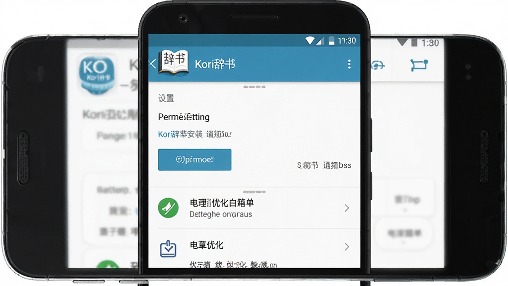 一张展示Kori辞书安装与设置界面的示意图,画面中手机屏幕显示权限设置页面和电池优化白名单选项,屏幕上方有“Kori辞书”应用图标,整体风格为安卓系统原生设置界面,布局清晰,画质干净,无多余元素