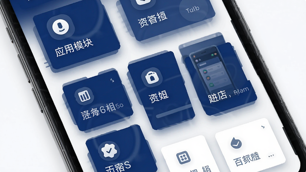 一张展示Man应用功能模块的界面截图,画面中手机屏幕显示多个功能卡片整齐排列,每个卡片配有图标和简短文字说明,整体布局清晰有序。风格为现代科技感设计,色调以深蓝和白色为主,细节上卡片有轻微阴影效果,画质清晰,画面干净,无多余元素。
