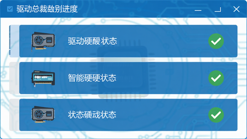 一张展示驱动总裁智能识别硬件过程的界面图,画面主体为软件扫描进度窗口,布局为纵向列表,排版左侧硬件图标右侧状态文字,风格为扁平化科技蓝,细节包含显卡、声卡、网卡图标与绿色对勾,画质高清,干净,无多余元素