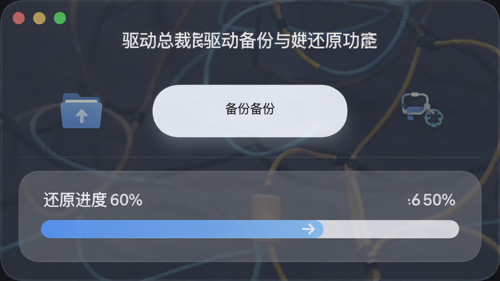 一张展示驱动总裁驱动备份与还原功能的界面图,画面主体为软件操作面板,布局为上下结构,排版上方为备份按钮下方为还原进度,风格为柔和圆角设计,细节包含文件夹图标与进度百分比,画质高清,干净,无多余元素