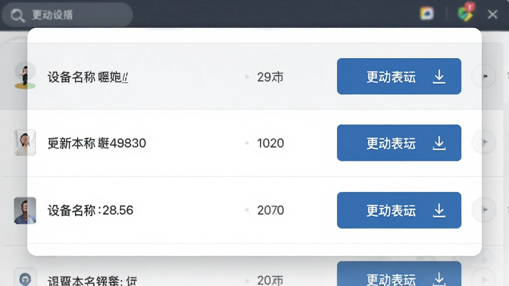 一张展示驱动总裁驱动更新列表的界面图,画面主体为软件更新面板,布局为表格形式,排版左侧为设备名称右侧为更新按钮,风格为简约商务,细节包含版本号对比与下载箭头,画质高清,干净,无多余元素