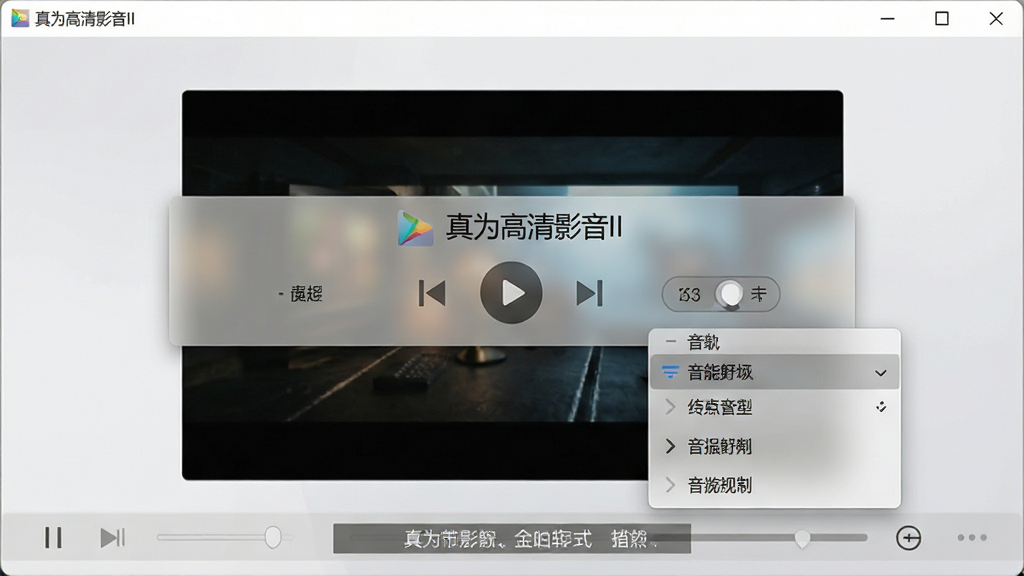 一张展示真为高清影音II播放界面的特写图,主体为软件主窗口与悬浮控制栏,布局为居中横向排版,风格为现代简约UI设计风,细节包括半透明控制栏、字幕切换按钮与音轨选择菜单,画面中带有