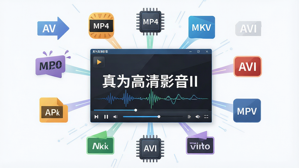 一张展示真为高清影音II解码能力的示意图,主体为软件播放器窗口与多个视频格式图标环绕排列,布局为中心放射状构图,排版将播放器置于画面中央,四周分布MP4、MKV、AVI等格式标签,风格为扁平化科技插画风,细节包括硬件加速芯片图标与流畅播放波形线,画质高清,画面干净无多余元素,播放器界面中带有