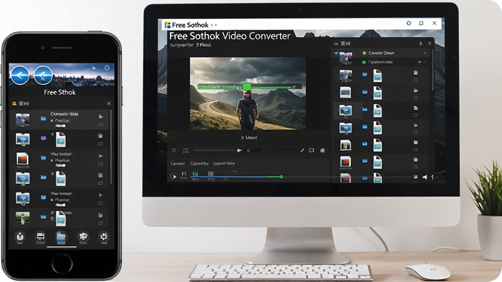 一张展示 Free Sothink Video Converter 在电脑和手机上同步使用的场景图,主体为桌面显示器与智能手机并排摆放,布局为左右对比构图,排版自然,风格为生活化科技风,细节包括屏幕中显示的视频转换进度和文件列表,画质高清,干净,无多余元素