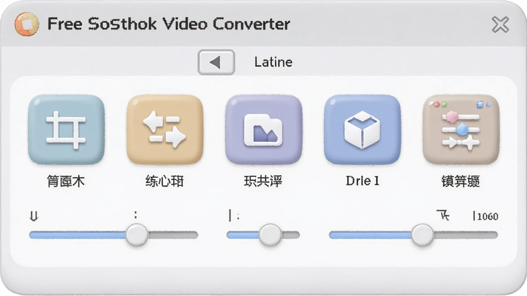 一张展示 Free Sothink Video Converter 视频编辑功能的图片,主体为软件界面中的编辑工具栏,布局为横向排列的图标按钮,排版简洁,风格为柔和圆角设计,细节包括裁剪、合并、水印、调节等图标和参数滑块,画质高清,干净,无多余元素