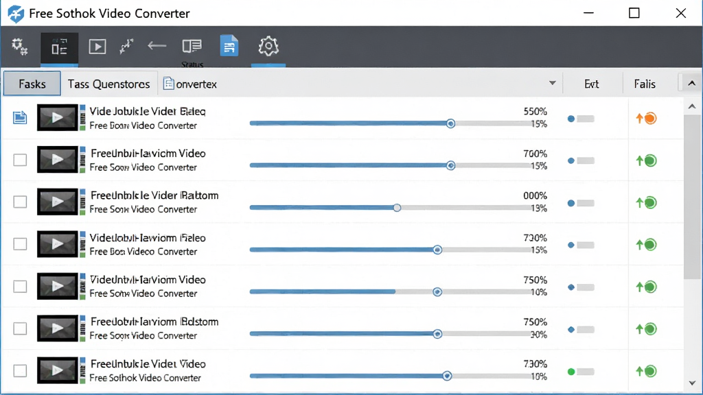 一张展示 Free Sothink Video Converter 批量处理功能的图片,主体为软件界面中的任务队列列表,布局为纵向排列的文件条目,排版规整,风格为简约商务风,细节包括多个视频文件名、进度百分比和状态图标,画质高清,干净,无多余元素