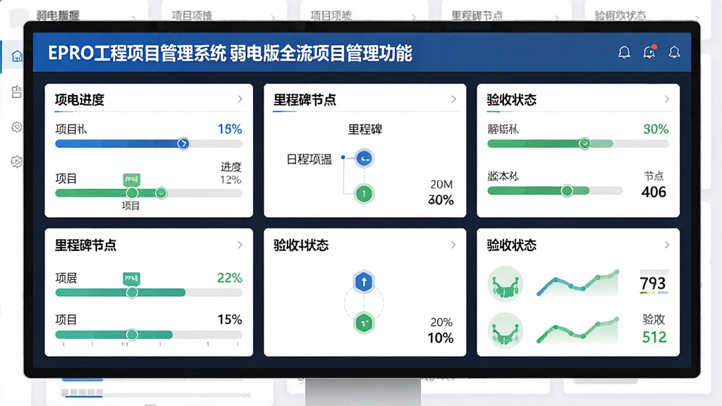 一张展示EPRO工程项目管理系统 弱电版全流程项目管理功能的界面图,画面主体为一块大型数据看板,看板上显示多个弱电项目的进度条、里程碑节点、验收状态,布局为顶部标题栏加下方三列卡片式排列,风格为简约商务风,细节包含蓝色和绿色进度标识、项目名称标签、百分比数字,画质清晰,干净,无多余元素。
