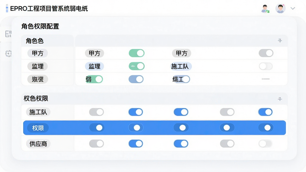 一张展示EPRO工程项目管理系统 弱电版多方协同与权限管理功能的界面图,画面中央为角色权限配置表格,布局为上方角色列表加下方权限勾选框,风格为柔和圆角风,细节包含甲方、监理、施工队、供应商等角色标签、权限开关按钮、蓝色高亮选中状态,画质清晰,干净,无多余元素。