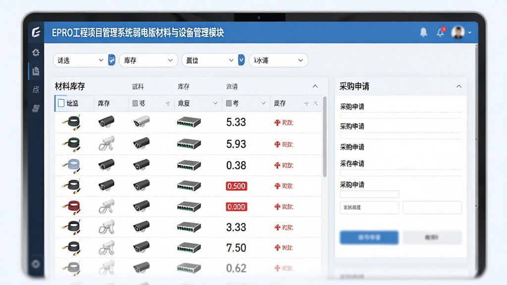 一张展示EPRO工程项目管理系统 弱电版材料与设备管理模块的界面图,画面中央为材料库存列表和采购申请表单,布局为上方筛选栏加下方表格,风格为清爽浅色风,细节包含线缆、摄像头、交换机等图标、库存数量数字、预警红色标记,画质清晰,干净,无多余元素。
