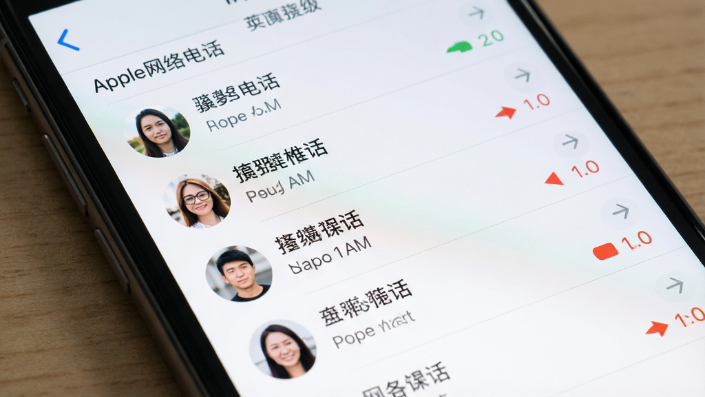 һ��չʾApple����绰ͨ����¼�����ͼƬ������Ϊ�ֻ���Ļ�е�ͨ����¼�б�������Ϊ��ֱ���е���Ŀ���Ű����룬���Ϊ��ˬǳɫϵ��ϸ�ڰ�����ϵ��ͷ��ͨ��ʱ�䡢ͨ��ʱ����δ�������ɫ��ǣ����ʸ��塢�ɾ����޶���Ԫ�أ������д�������