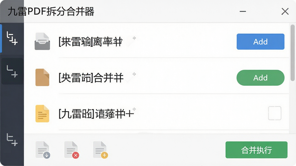 一张展示九雷PDF拆分合并器合并功能的图片,主体为合并文件列表面板,布局为纵向排列的文件条目,排版清晰,风格为现代扁平化设计,细节包括拖拽排序图标、添加文件按钮、合并执行按钮,画质高清,画面干净,无多余元素