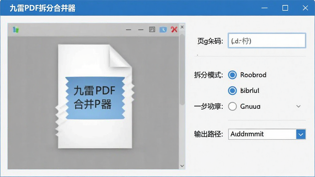 一张展示九雷PDF拆分合并器拆分功能的图片,主体为拆分设置界面,布局为左侧文件预览右侧参数设置,排版整齐,风格为简洁商务风,细节包括页码输入框、拆分模式选项、输出路径选择,画质清晰,画面干净,无多余元素