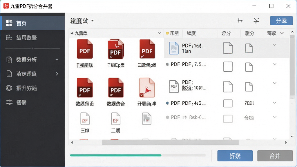 一张展示九雷PDF拆分合并器软件界面的图片,主体为软件主窗口,布局清晰,左侧为功能导航栏,右侧为文件列表与操作按钮,排版简洁,风格为现代办公软件风格,细节包括PDF文件图标、拆分与合并按钮、进度条,画质高清,画面干净,无多余元素