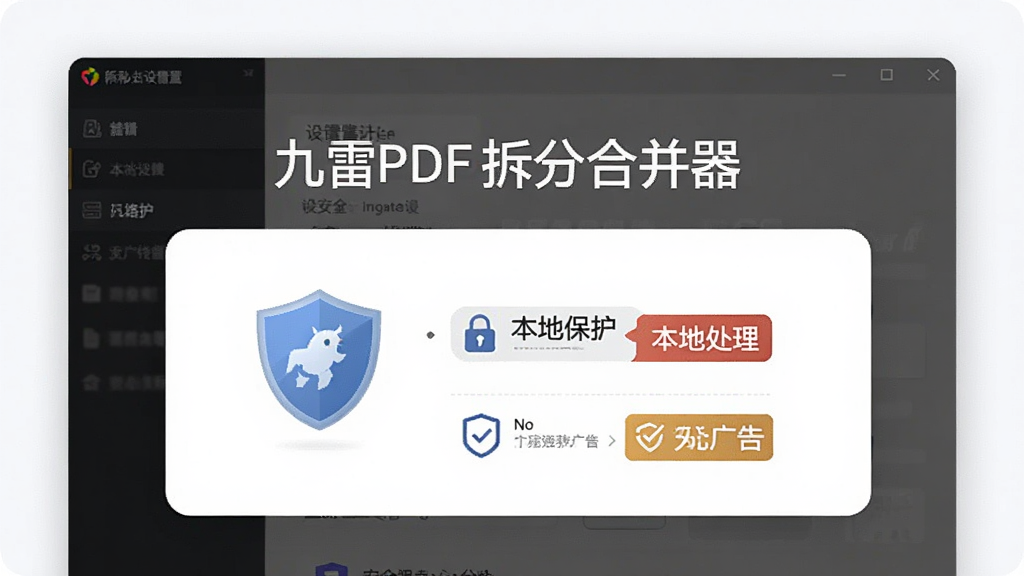 一张展示九雷PDF拆分合并器安全特性的图片,主体为软件设置中的隐私保护选项,布局为居中卡片式设计,排版简约,风格为安全可信的视觉风格,细节包括盾牌图标、本地处理标识、无广告标签,画质高清,画面干净,无多余元素