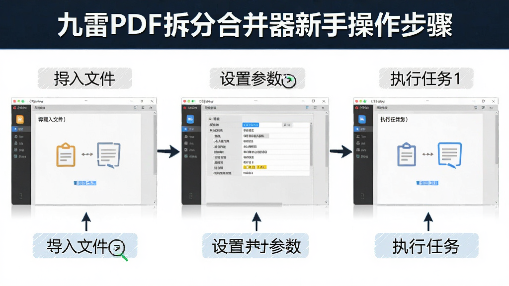 一张展示九雷PDF拆分合并器新手操作步骤的图片,主体为电脑屏幕上的软件操作流程图,布局为从左到右三个步骤,排版清晰,风格为教程图解风格,细节包括导入文件、设置参数、执行任务三个环节的截图示意,画质高清,画面干净,无多余元素