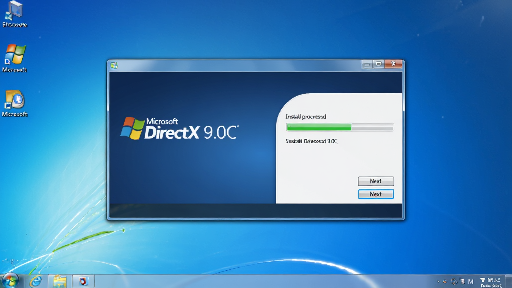 һ��չʾ�����������о�����Ϸ�Ļ��棬����������Microsoft DirectX 9.0C�İ�װ���洰�ڣ����ڱ���Ϊ����ɫ���䣬������������������������ƺ�΢����־���Ҳ��ǰ�װ����������һ����ť�����汳��ΪWindows������ɫ���⣬������дʵ�������������ɾ��޶���Ԫ��