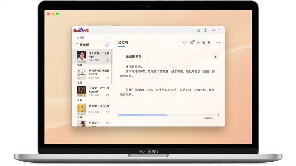 百度阅读器 精简版 软件主界面全貌,主体为一台银色笔记本电脑屏幕中展示简洁的电子书阅读窗口,布局居中对称,排版清晰展示书架列表与阅读进度条,风格为现代简约科技风,细节包含柔和护眼背景色、清晰的文字排版与功能按钮,画质高清,干净,无多余元素