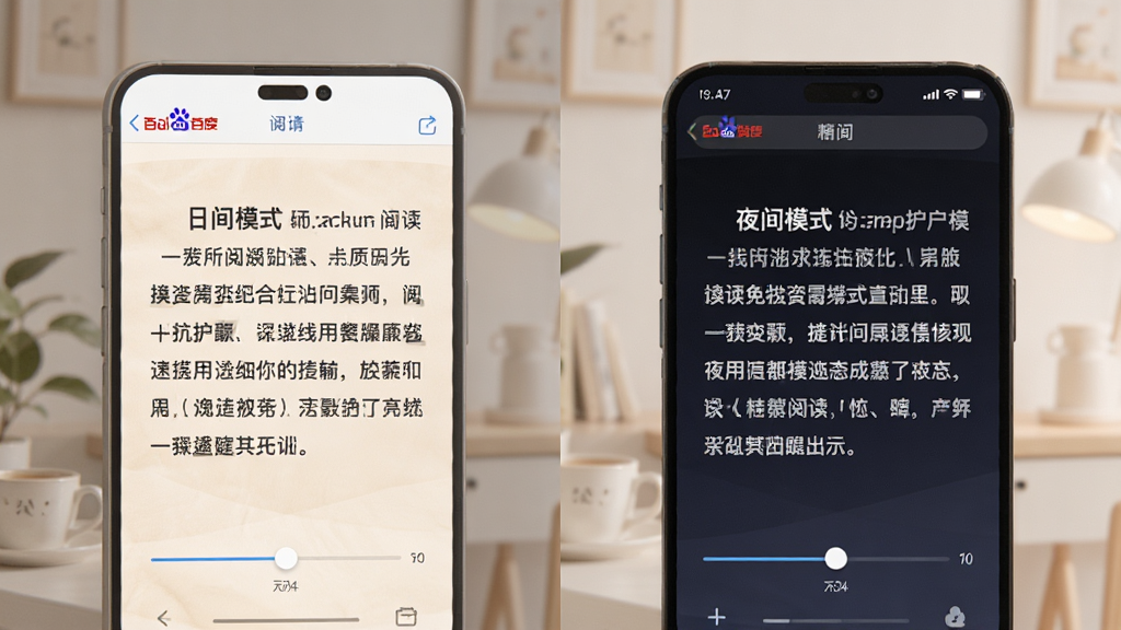 百度阅读器 精简版 护眼模式展示,主体为软件阅读界面切换不同背景色,布局为左右对比展示日间模式与夜间模式,排版突出背景色变化与文字对比度,风格为温馨舒适阅读风,细节包含柔和米黄色背景、深灰色文字与调节滑块,画质清晰,干净,无多余元素