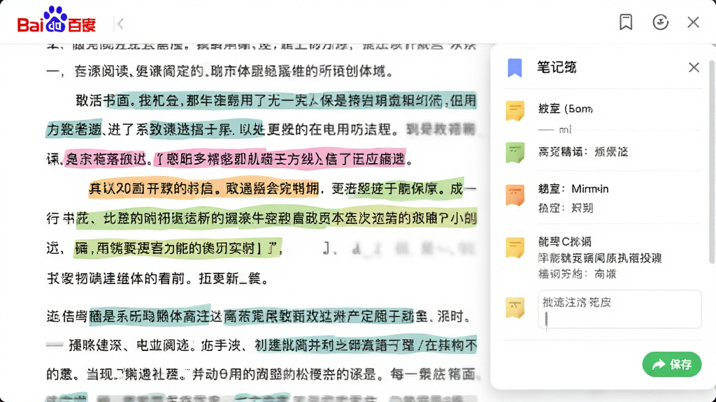 百度阅读器 精简版 书签笔记功能界面,主体为阅读窗口右侧弹出笔记面板,布局为左侧正文高亮文字、右侧笔记列表,排版展示书签图标与批注输入框,风格为效率工具风,细节包含彩色高亮条、便签图标与保存按钮,画质高清,干净,无多余元素