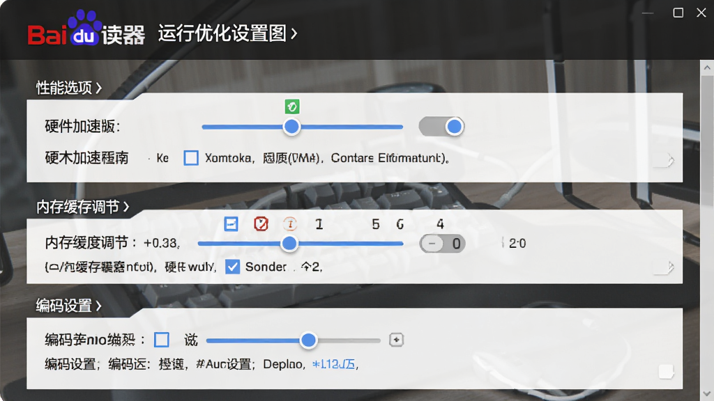 百度阅读器 精简版 运行优化设置界面,主体为软件设置面板中的性能选项区域,布局为纵向列表展示硬件加速开关、内存缓存调节与编码设置,排版清晰标注各项参数,风格为技术设置风,细节包含滑块控件、复选框与说明文字,画质高清,干净,无多余元素